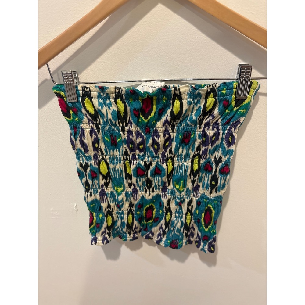 Anthropologie Ikat Smocked Tube Top XS Teal Yellow Pink Cotton Strapless Crop - Picture 3 of 4